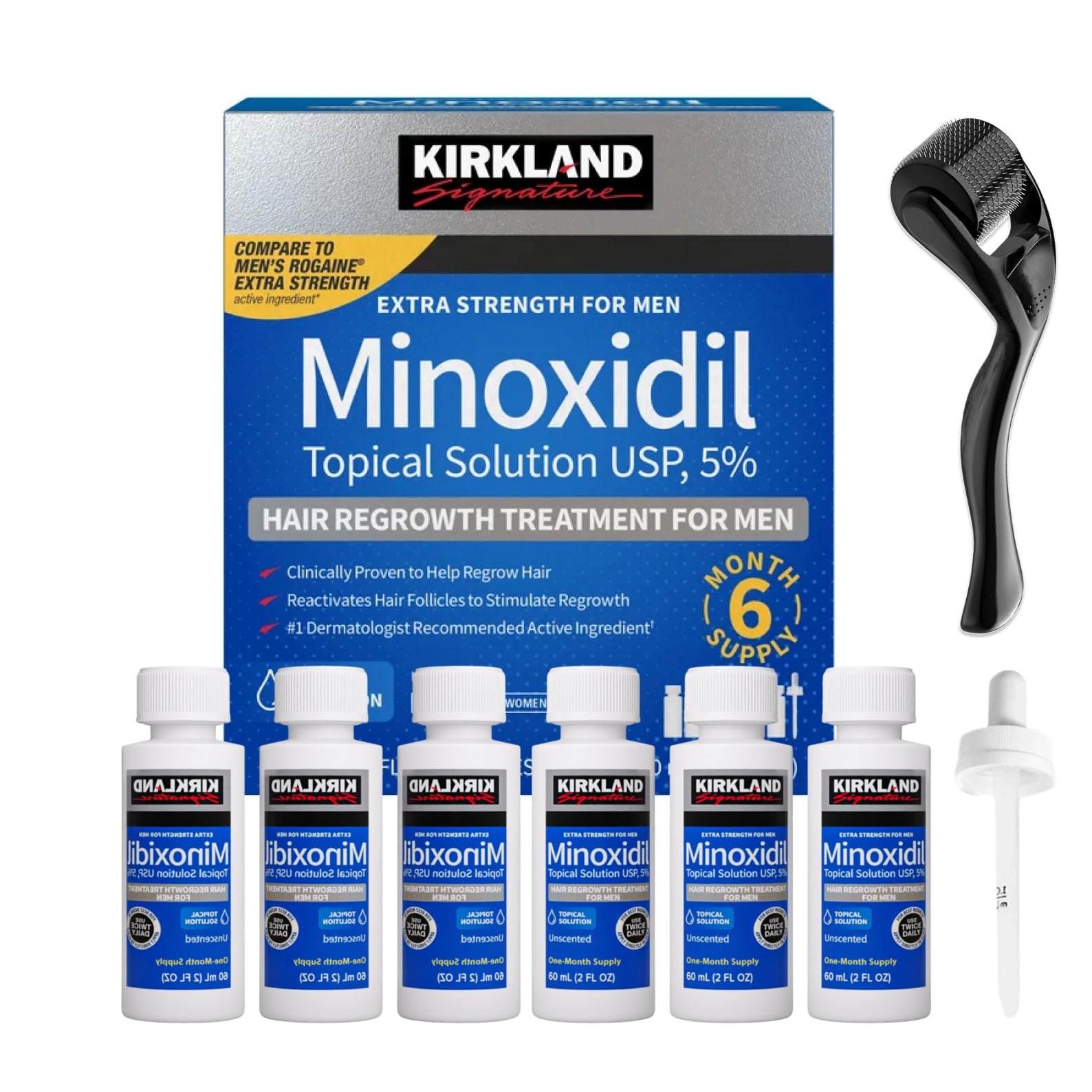 Kirkland 5% Minoxidil with Derma Roller – 6 Month Hair Regrowth Kit