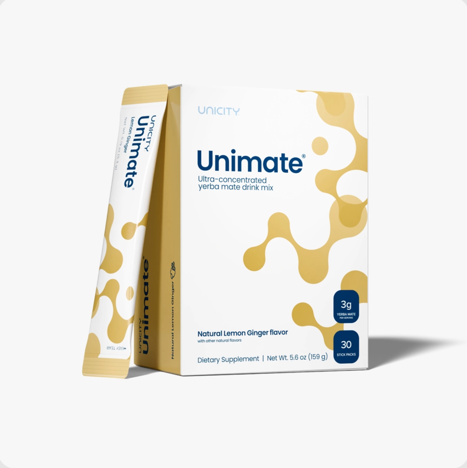 Unicity Unimate Lemon Ginger Yerba Mate Energy Drink Mix - 30 Stick Packs